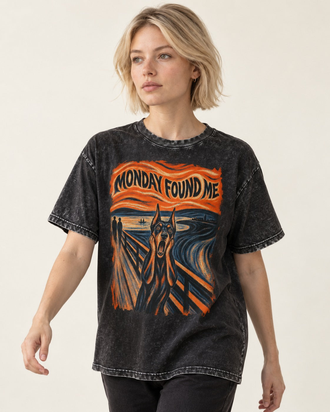 Doberman Monday Found Me Scream Graphic Washed Tee in Black, worn by a model