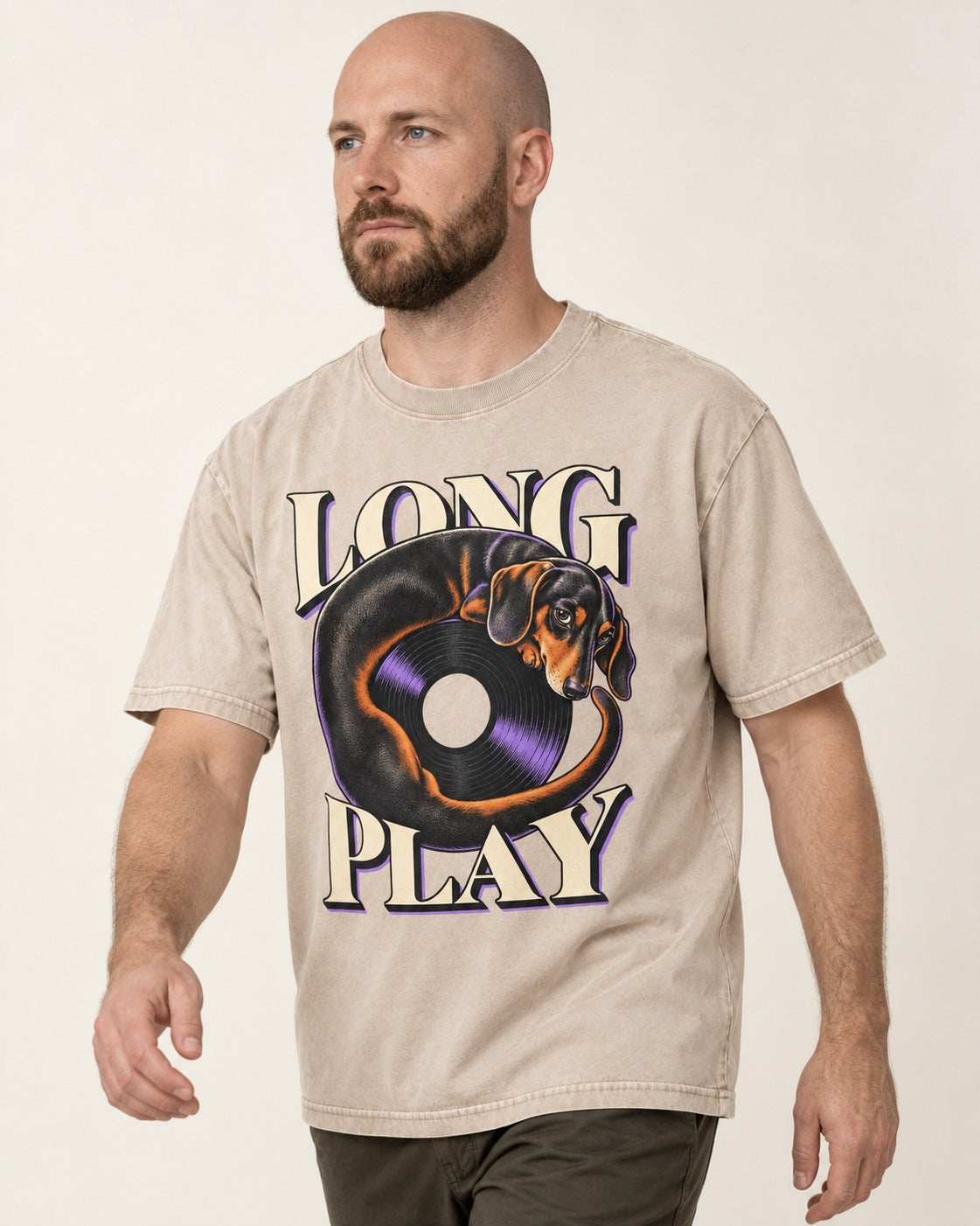 Dachshund Long Play Vinyl Record Graphic Washed Tee in Apricot, worn by a model