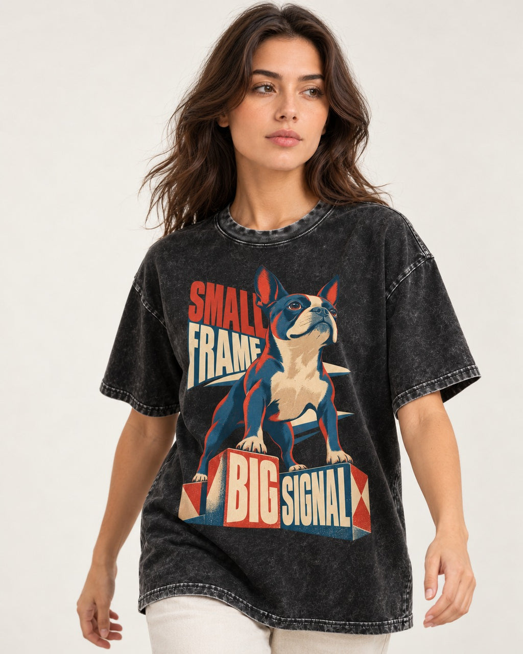 Small Frame Big Signal Boston Terrier Washed Tee in Black, worn by a model