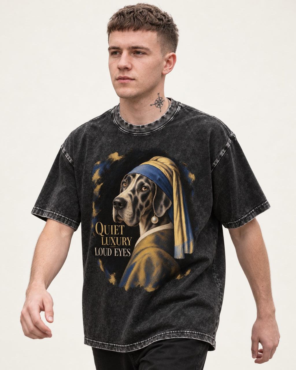 Great Dane Quiet Luxury Loud Eyes Pearl Portrait Graphic Washed Tee in Black, worn by a model