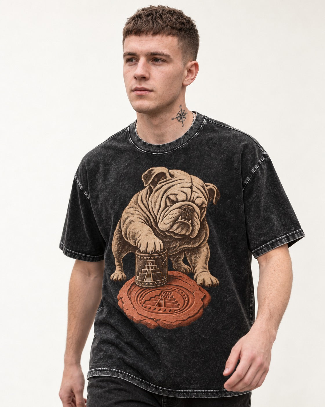 English Bulldog Ancient Cylinder Seal Graphic Washed Tee in Black, worn by a model