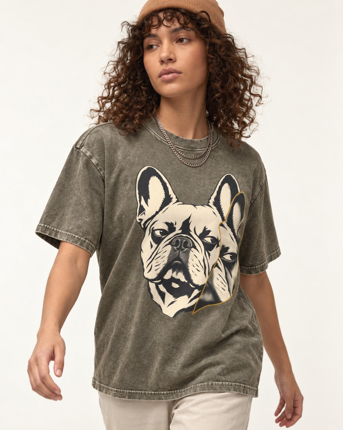 Frenchie Double Crop Side Eye Portrait Graphic Washed Tee in Army Green, worn by a model