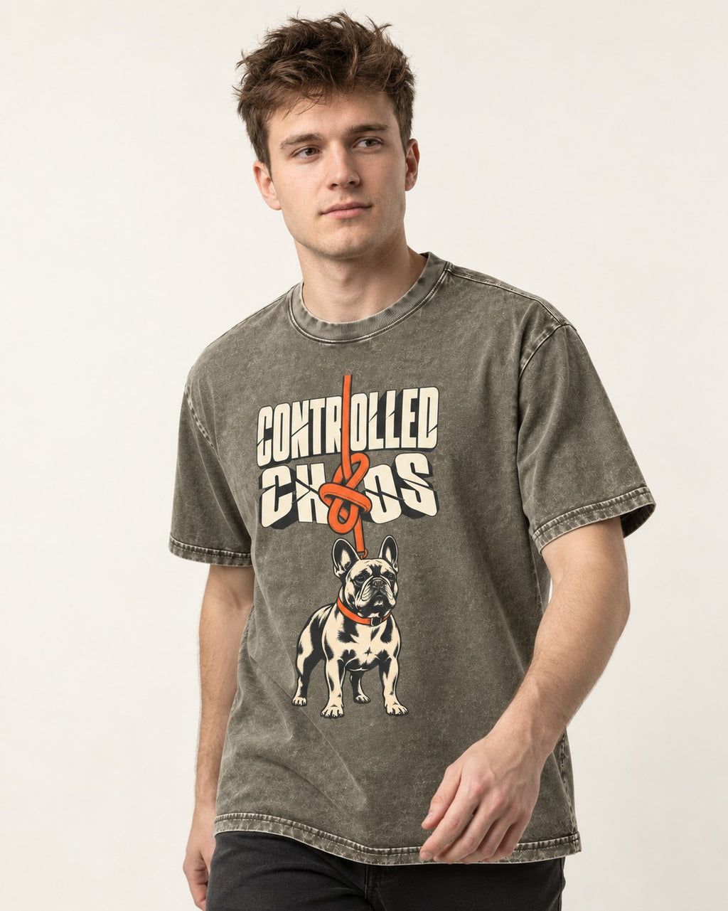 Frenchie Controlled Chaos Leash Knot Graphic Washed Tee in Army Green, worn by a model