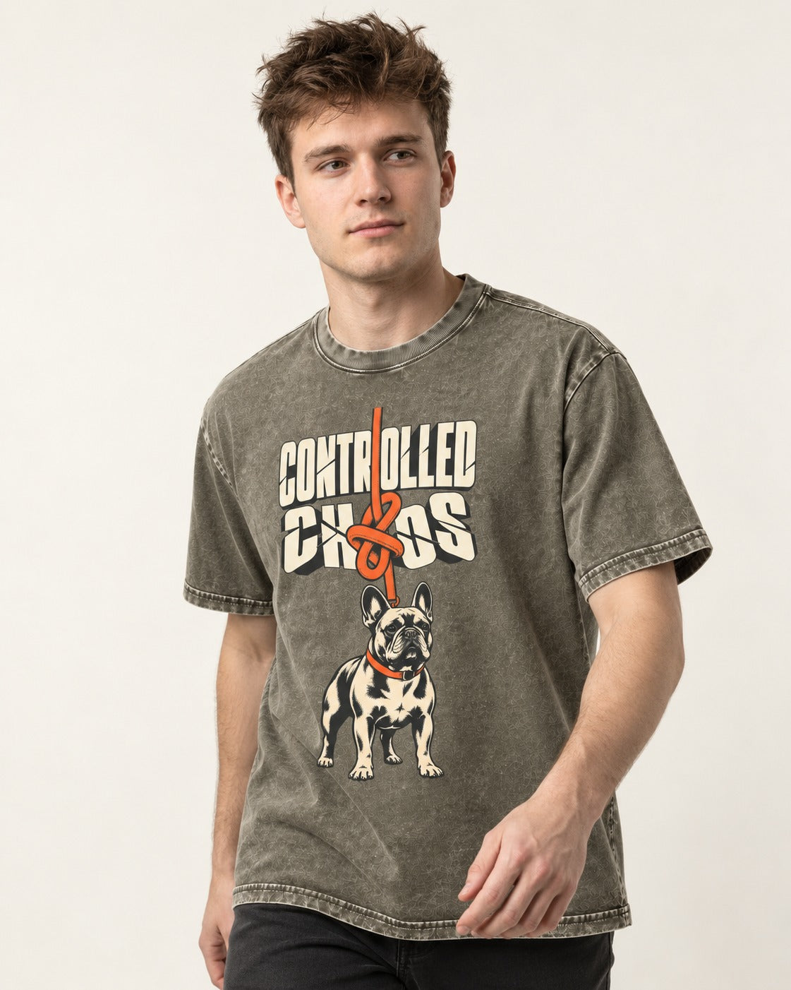 Frenchie Controlled Chaos Leash Knot Graphic Washed Tee in Army Green, worn by a model