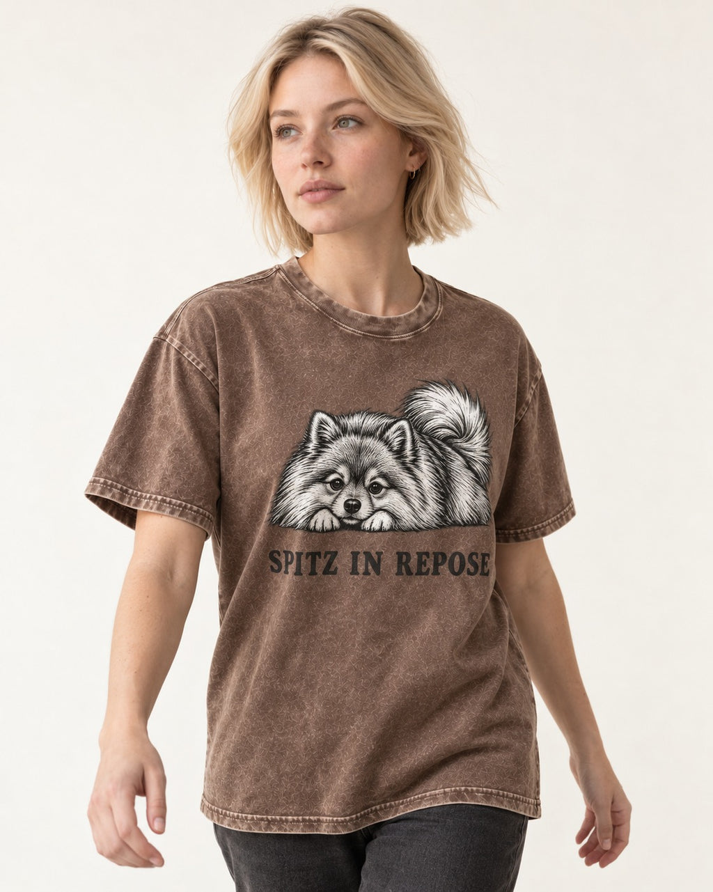 Pomeranian In Repose Washed Tee in Coffee, worn by a model