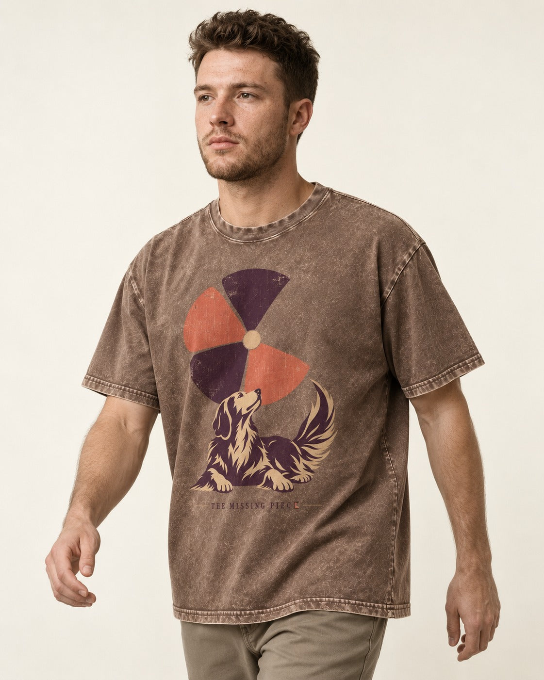 Golden Retriever Is My Missing Piece Washed Tee in Coffee, worn by a model