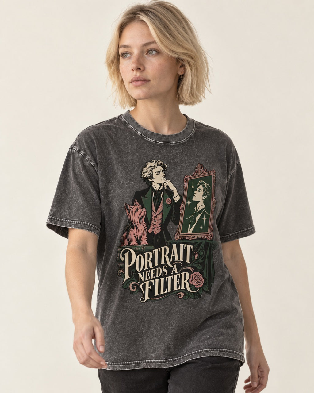Yorkshire Terrier Needs a Filter Washed Tee in Gray, worn by a model