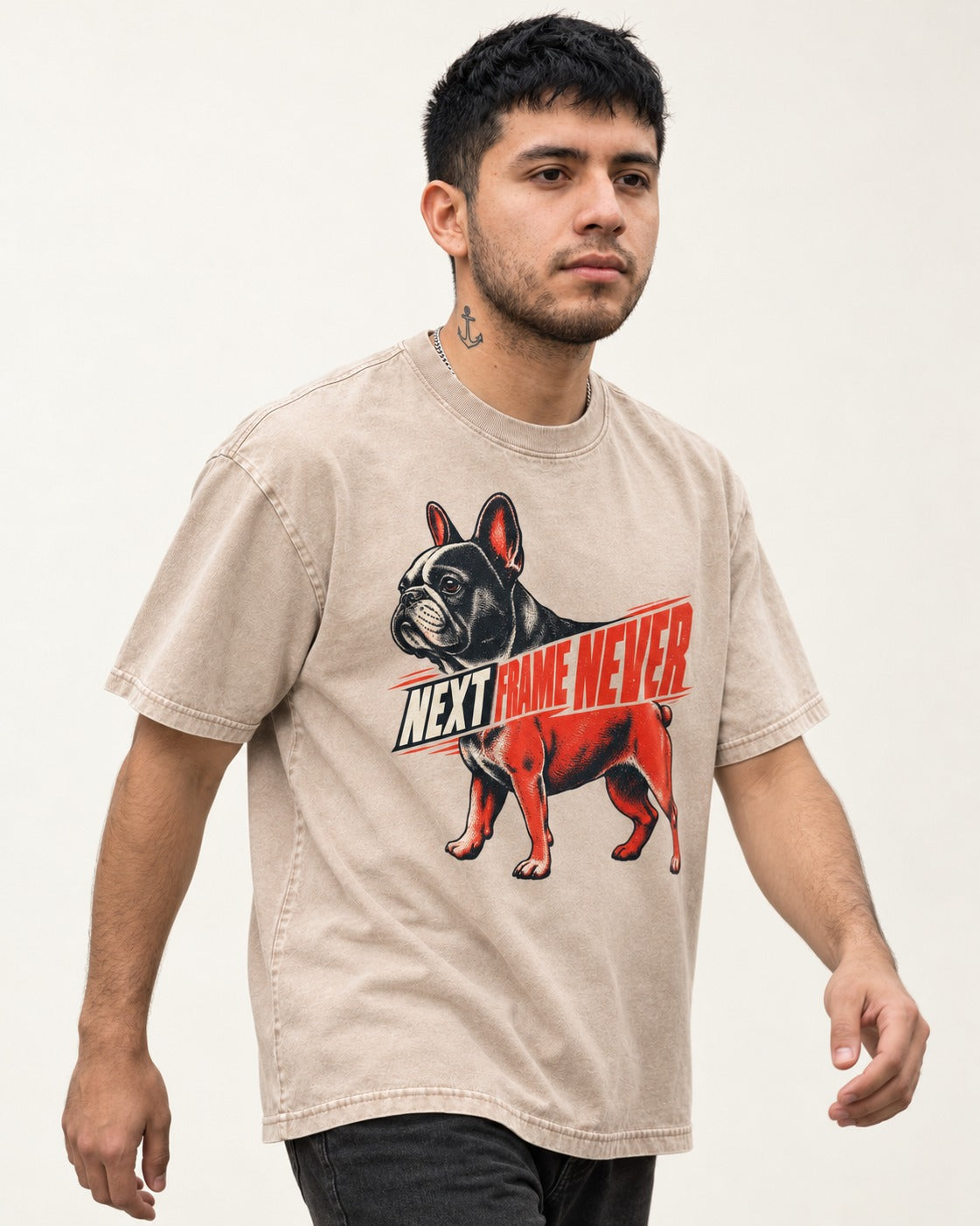 Frenchie Next Frame Never Motion Banner Graphic Washed Tee in Apricot, worn by a model