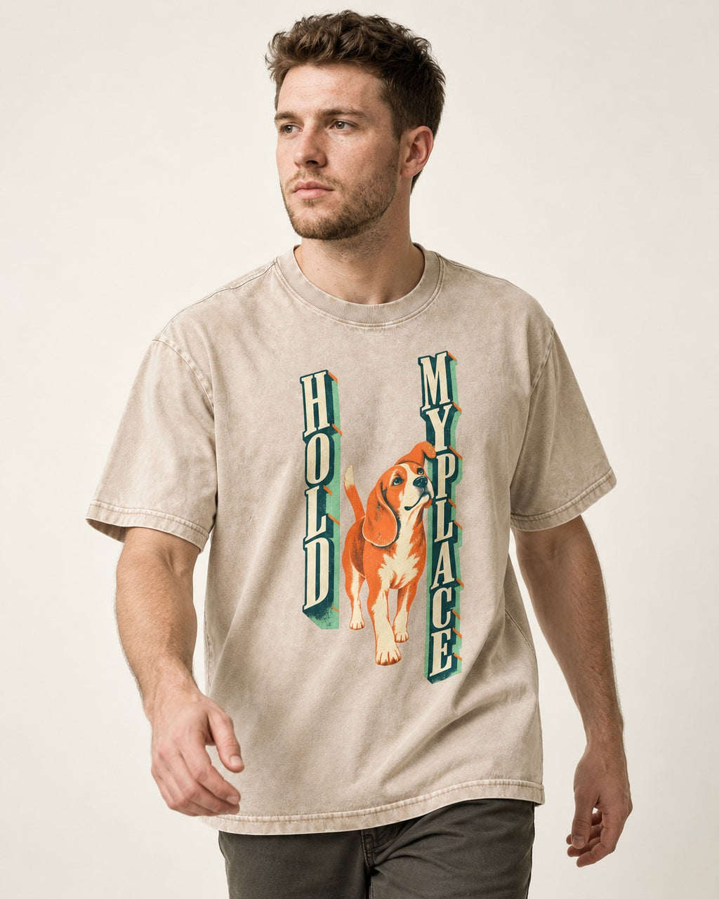 Vintage Beagle Hold My Place Washed Tee in Apricot, worn by a model