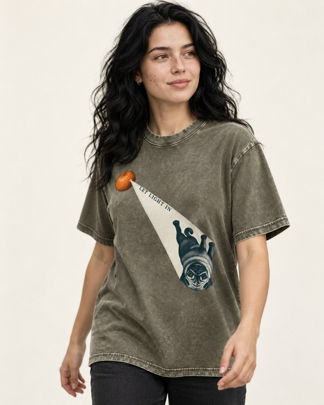 Pug Let Light In Camera Obscura Graphic Washed Tee in Army Green, worn by a model