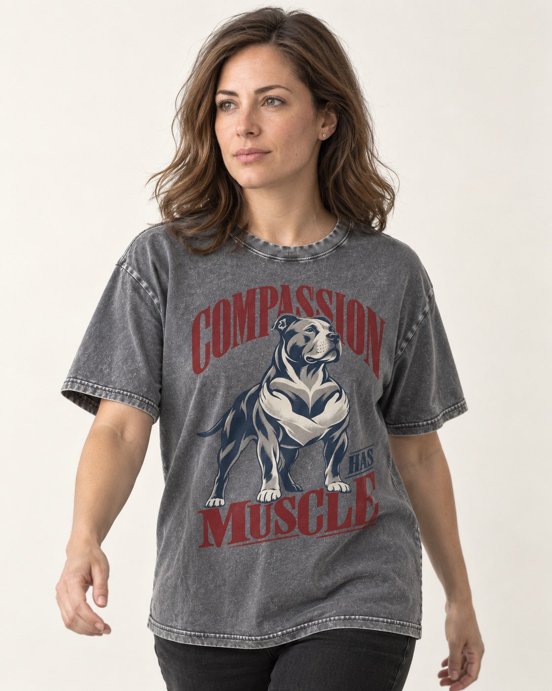 Pitbull Compassion Has Muscle Washed Tee in Gray, worn by a model