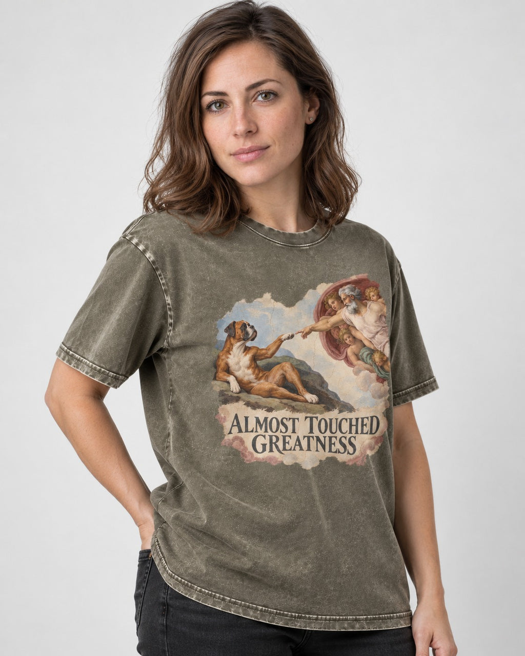 Almost Touched Greatness Boxer Creation Fresco Graphic Washed Tee in Army Green, worn by a model