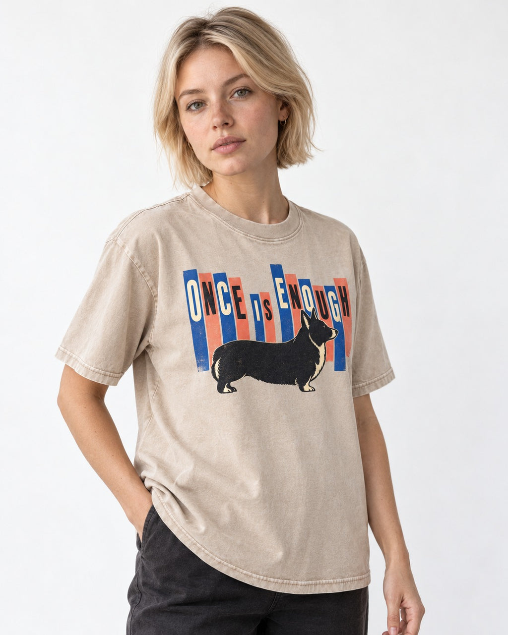 Corgi Once Is Enough Washed Tee in Apricot, worn by a model