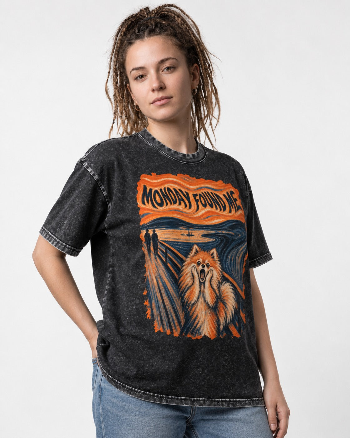 Pomeranian Monday Found Me Scream Parody Graphic Washed Tee in Black, worn by a model