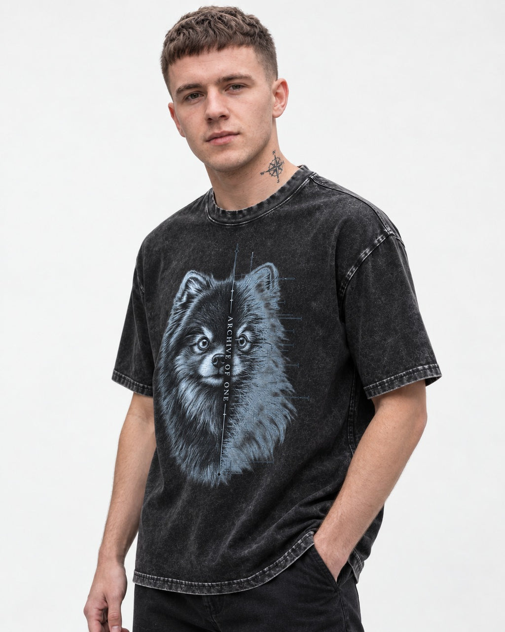 Pomeranian Archive of One Split Portrait Graphic Washed Tee in Black, worn by a model
