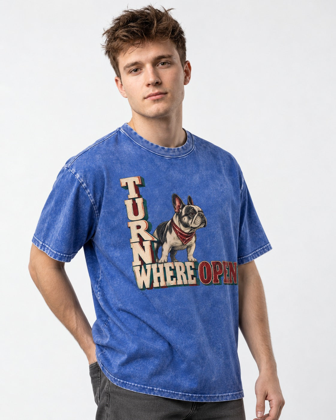 Turn Where Open Frenchie Washed Tee in Royal Blue, worn by a model