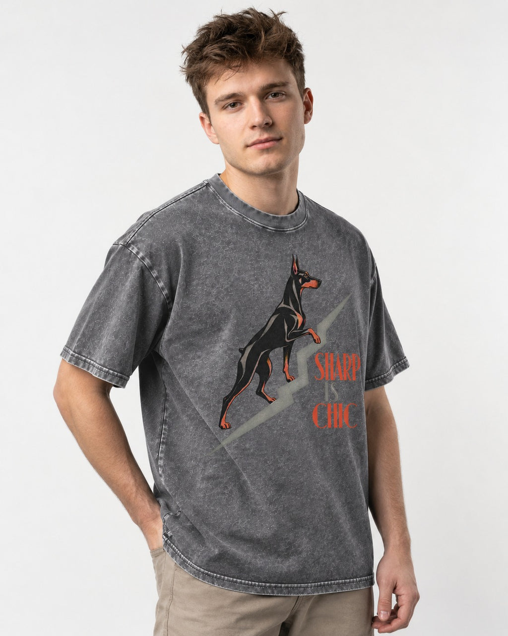 Doberman Is Chic Washed Tee in Gray, worn by a model