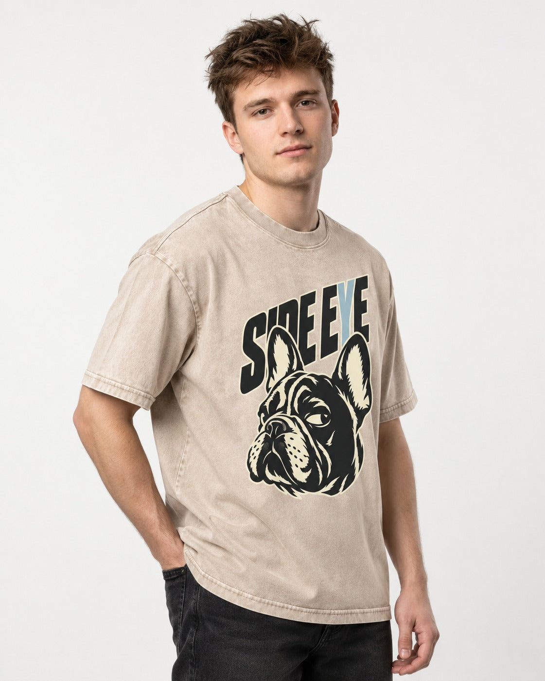 Frenchie Side Eye Portrait Graphic Washed Tee in Apricot, worn by a model