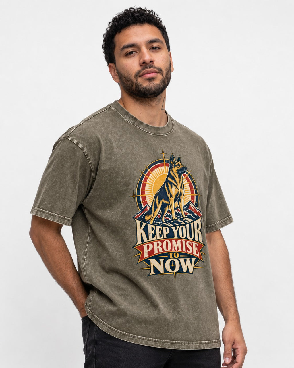 Keep Your Promise To Now Sunrise German Shepherd Dog Graphic Washed Tee in Army Green, worn by a model