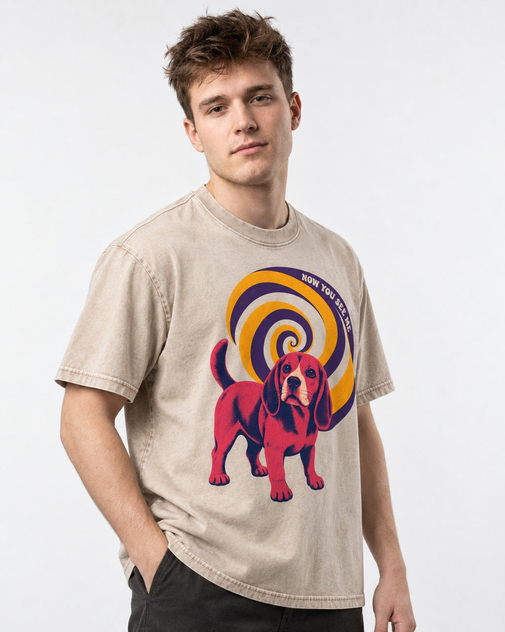 Now You See Me Beagle Spiral Washed Tee in Apricot, worn by a model
