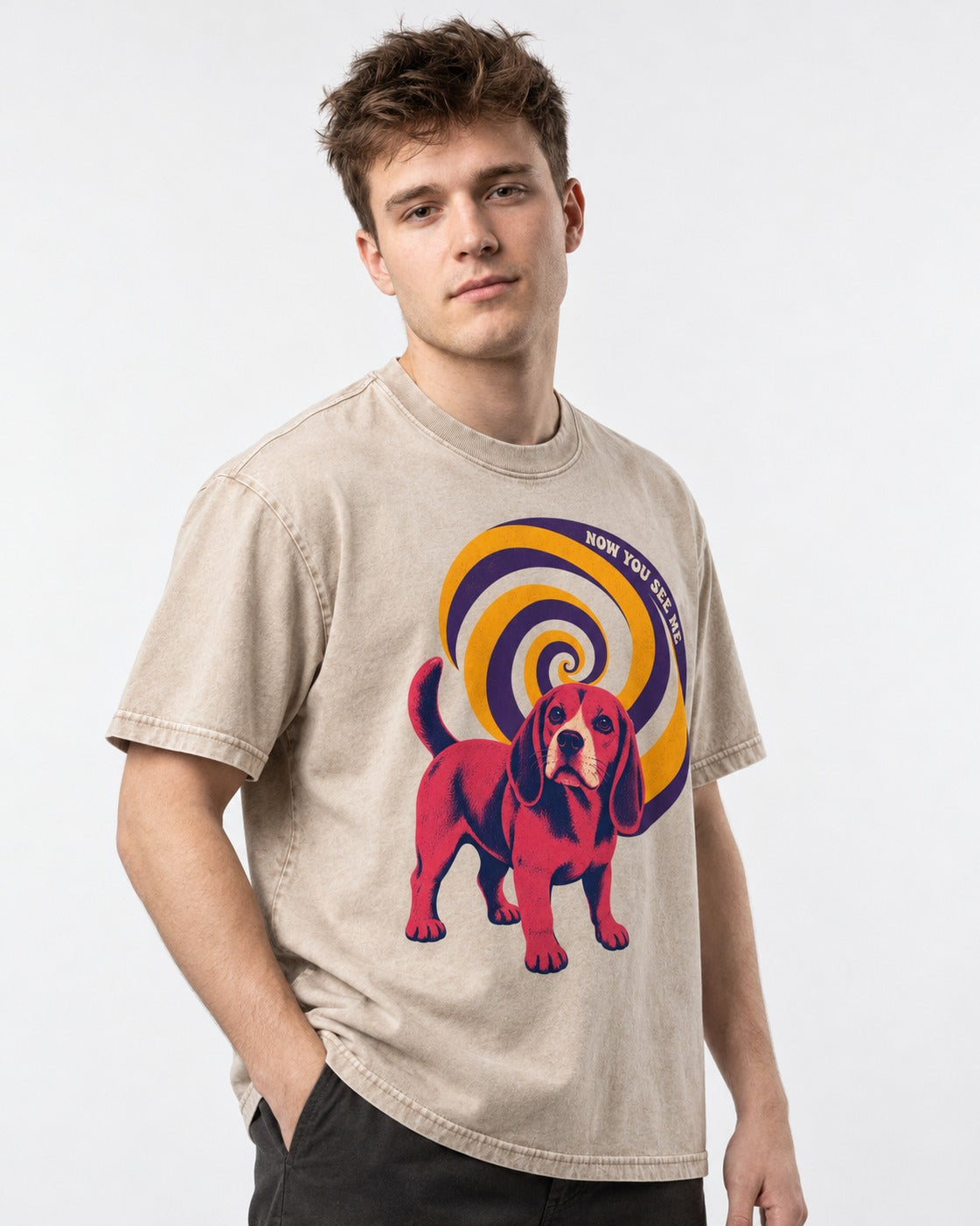 Now You See Me Beagle Spiral Washed Tee in Apricot, worn by a model