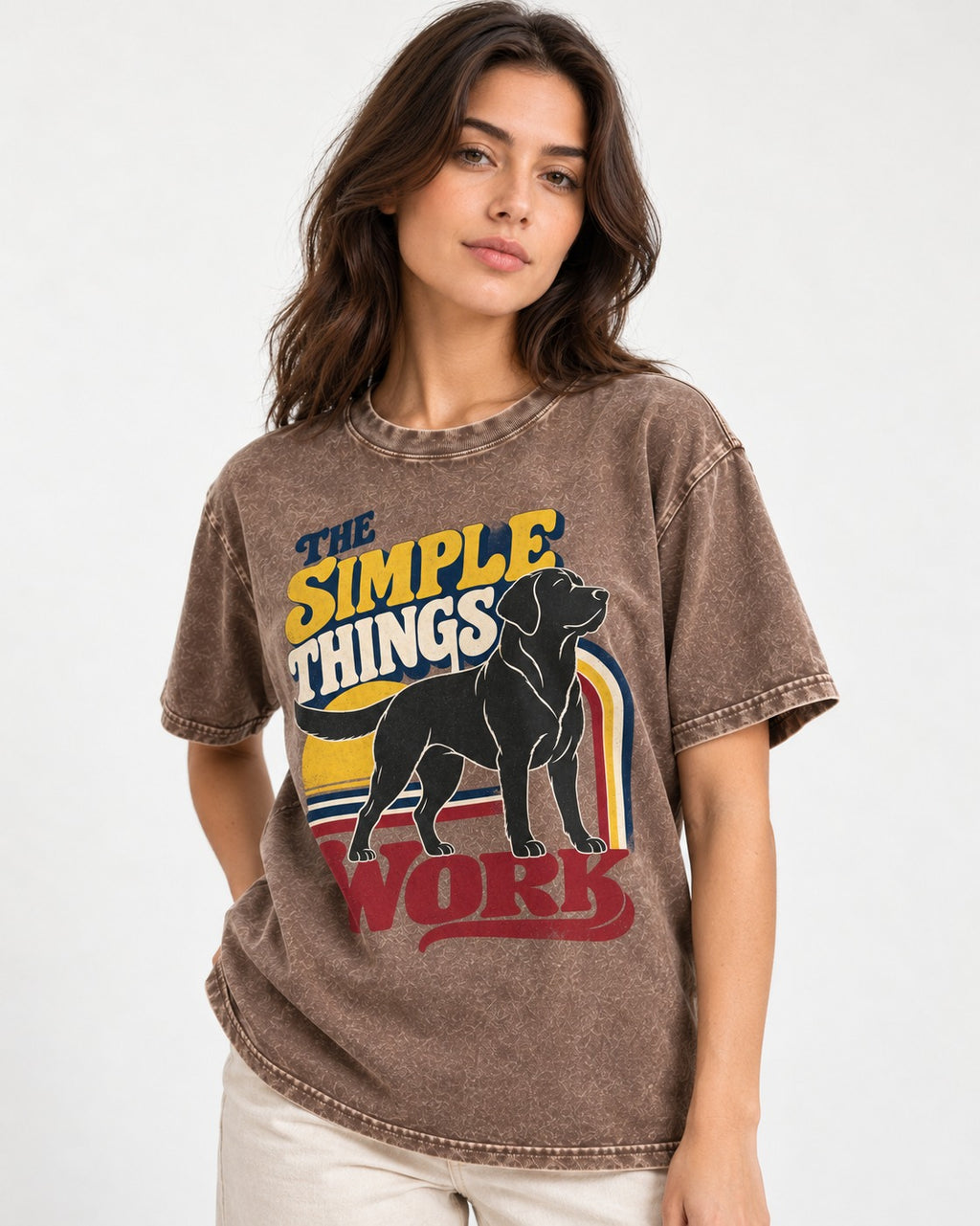 The Simple Things Work Labrador Retriever Washed Tee in Coffee, worn by a model