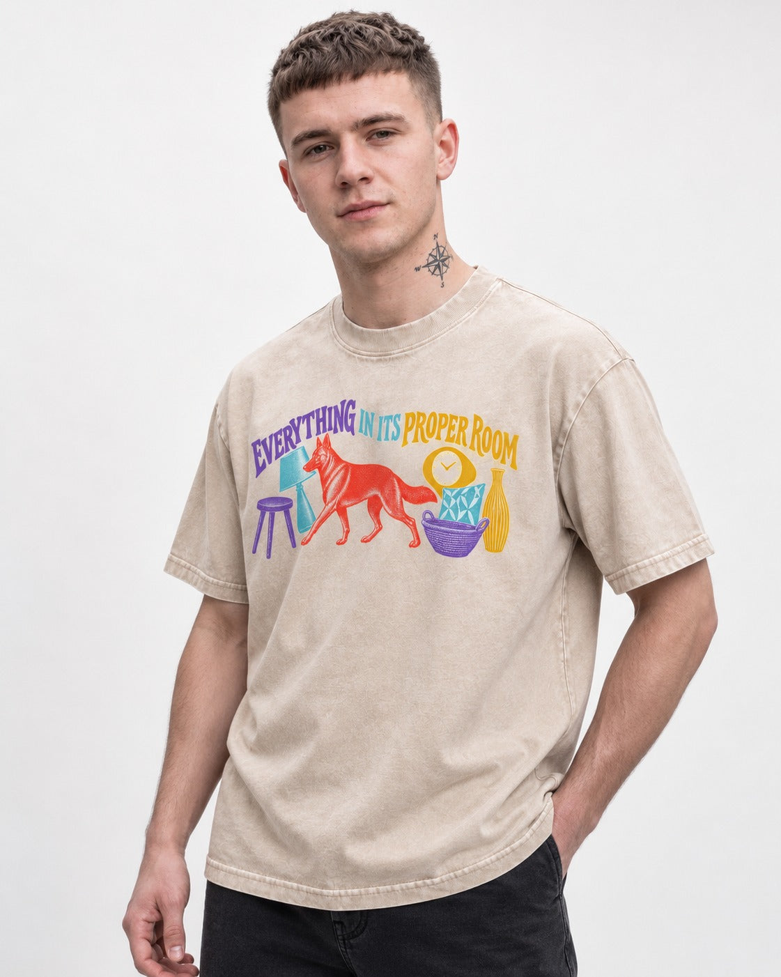 German Shepherd Dog In Its Proper Room Washed Tee in Apricot, worn by a model
