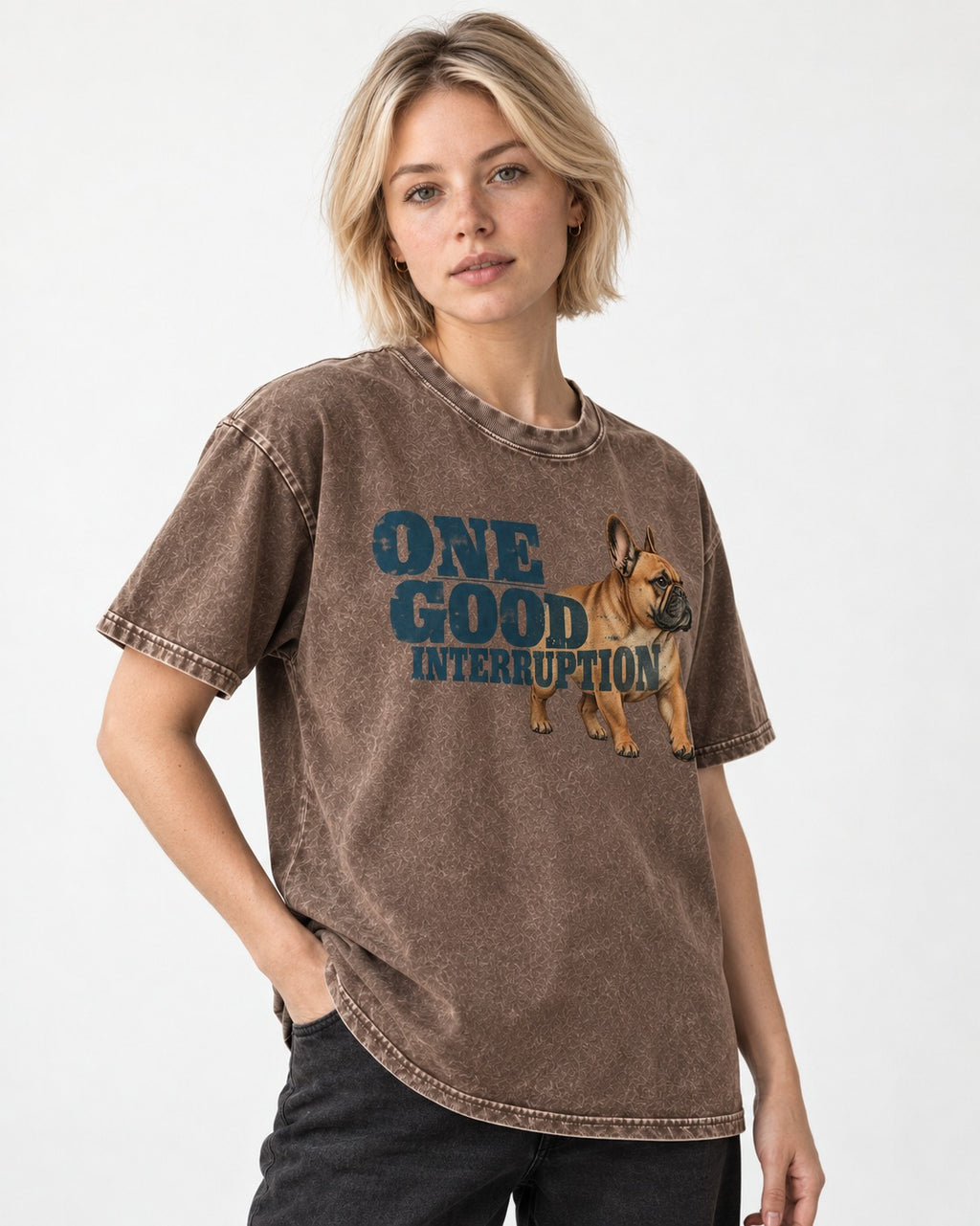One Good Frenchie Interruption Washed Tee in Coffee, worn by a model
