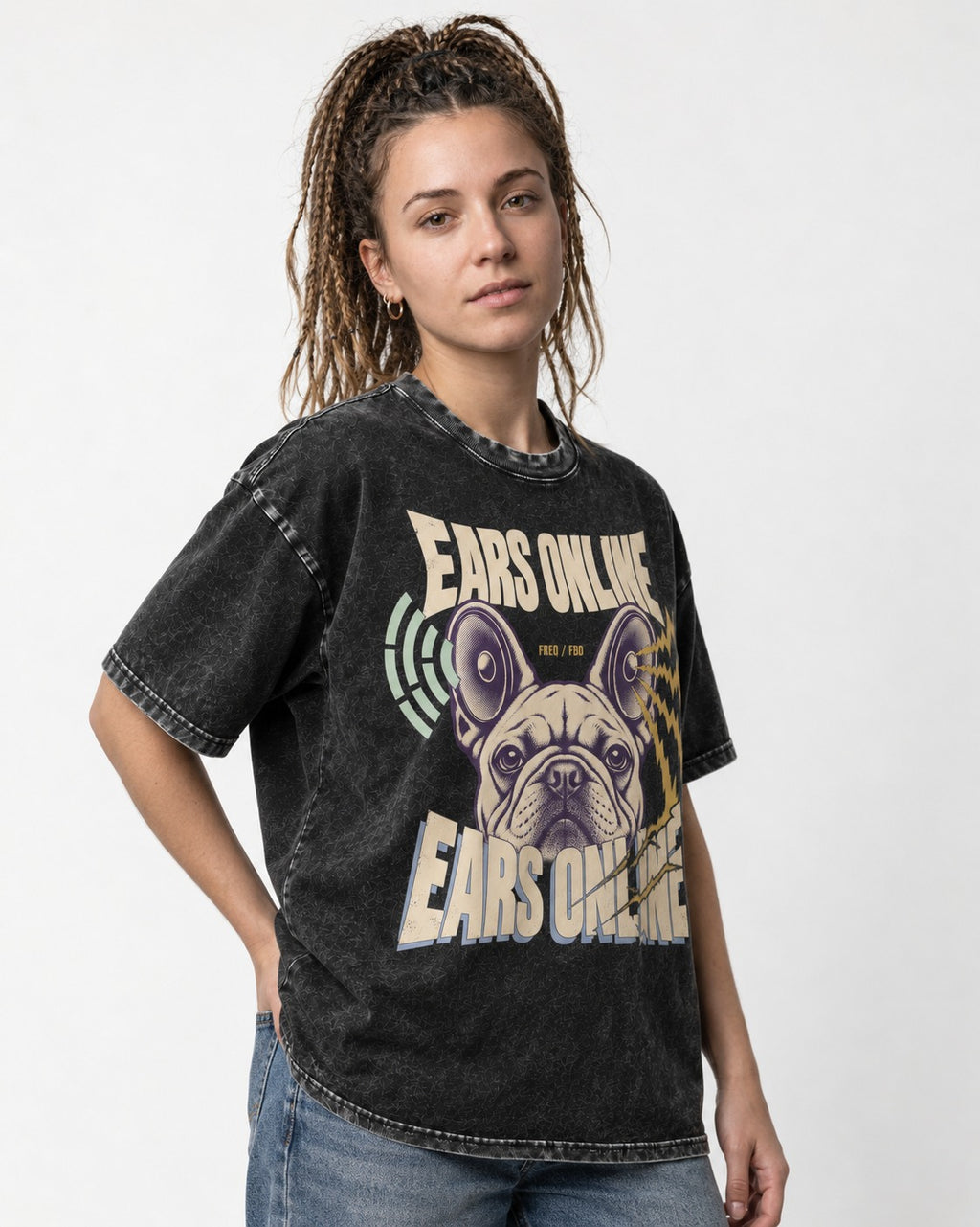 Frenchie Ears Online Audio Signal Graphic Washed Tee in Black, worn by a model