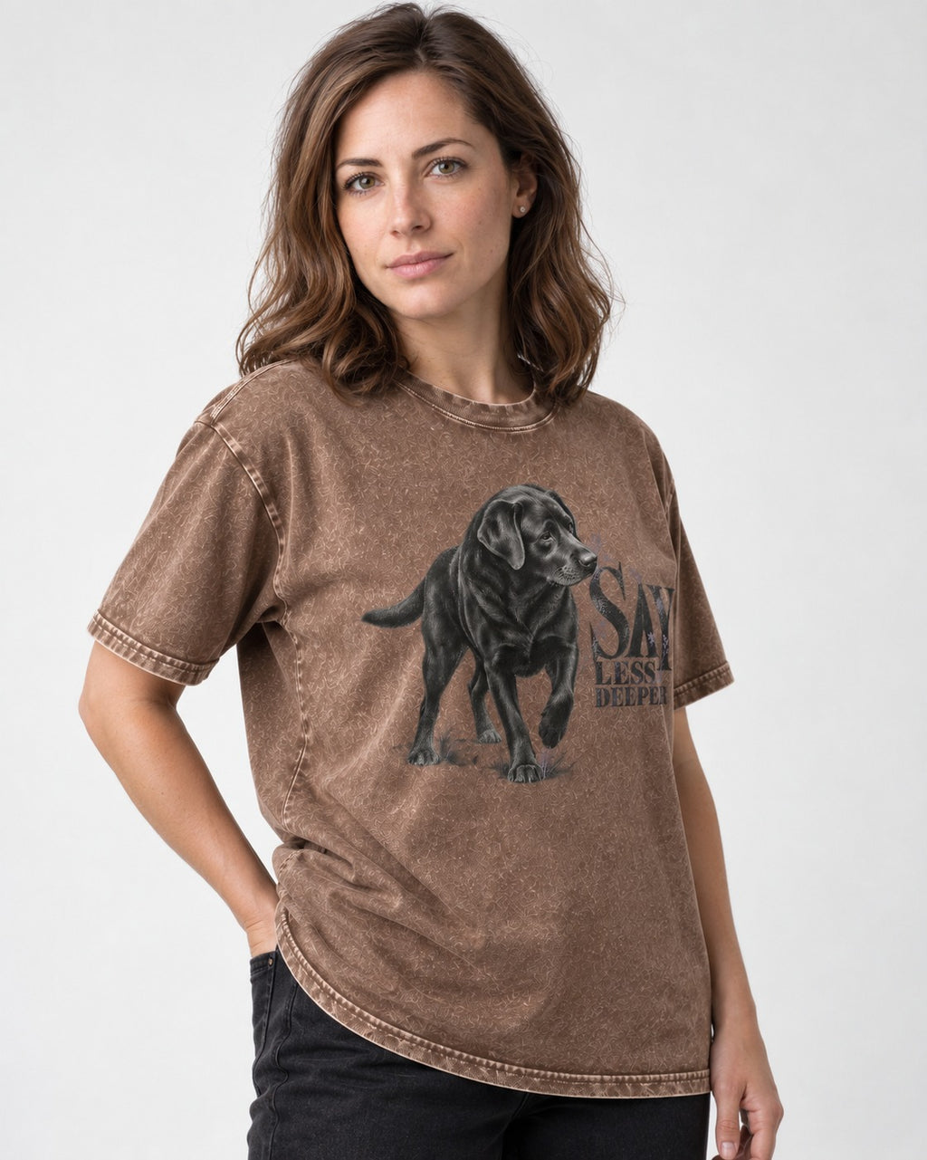 Say Less Deeper Labrador Retriever Washed Tee in Coffee, worn by a model