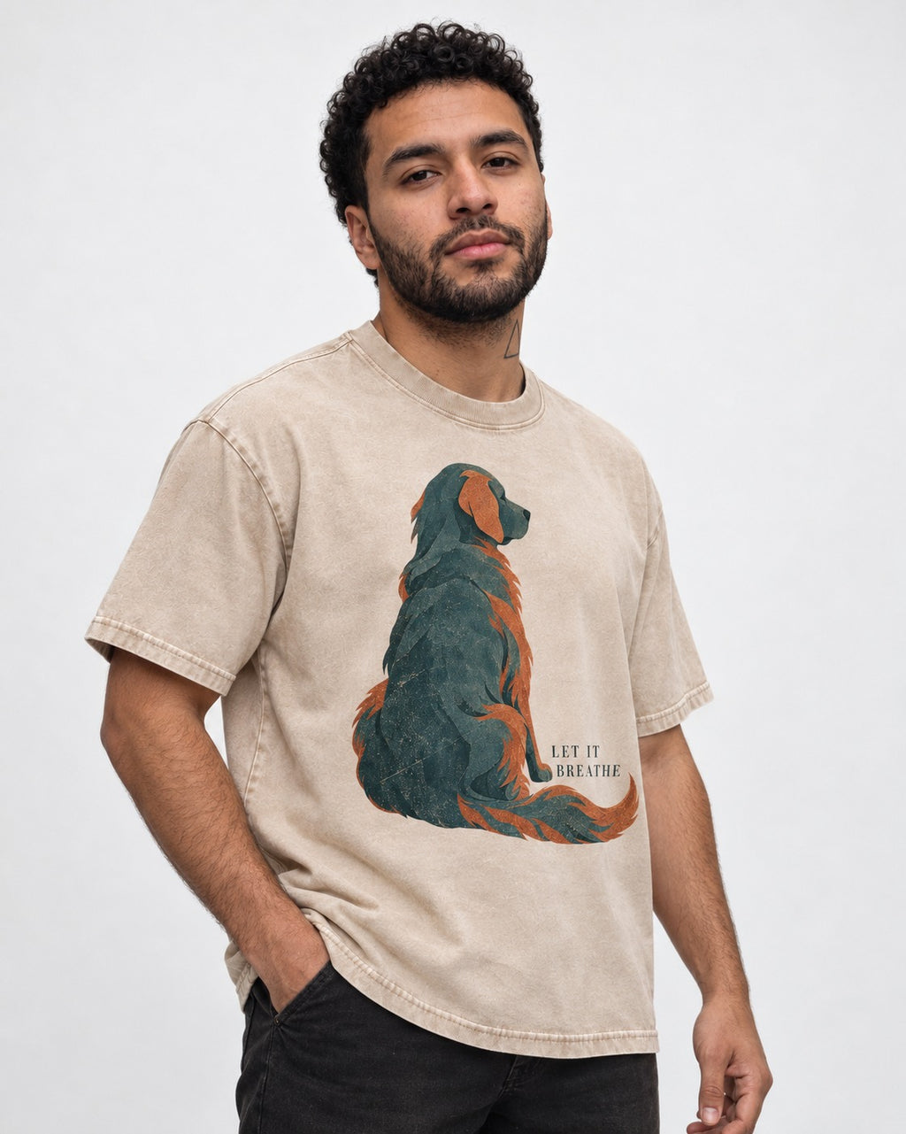Let It Breathe Golden Retriever Washed Tee in Apricot, worn by a model