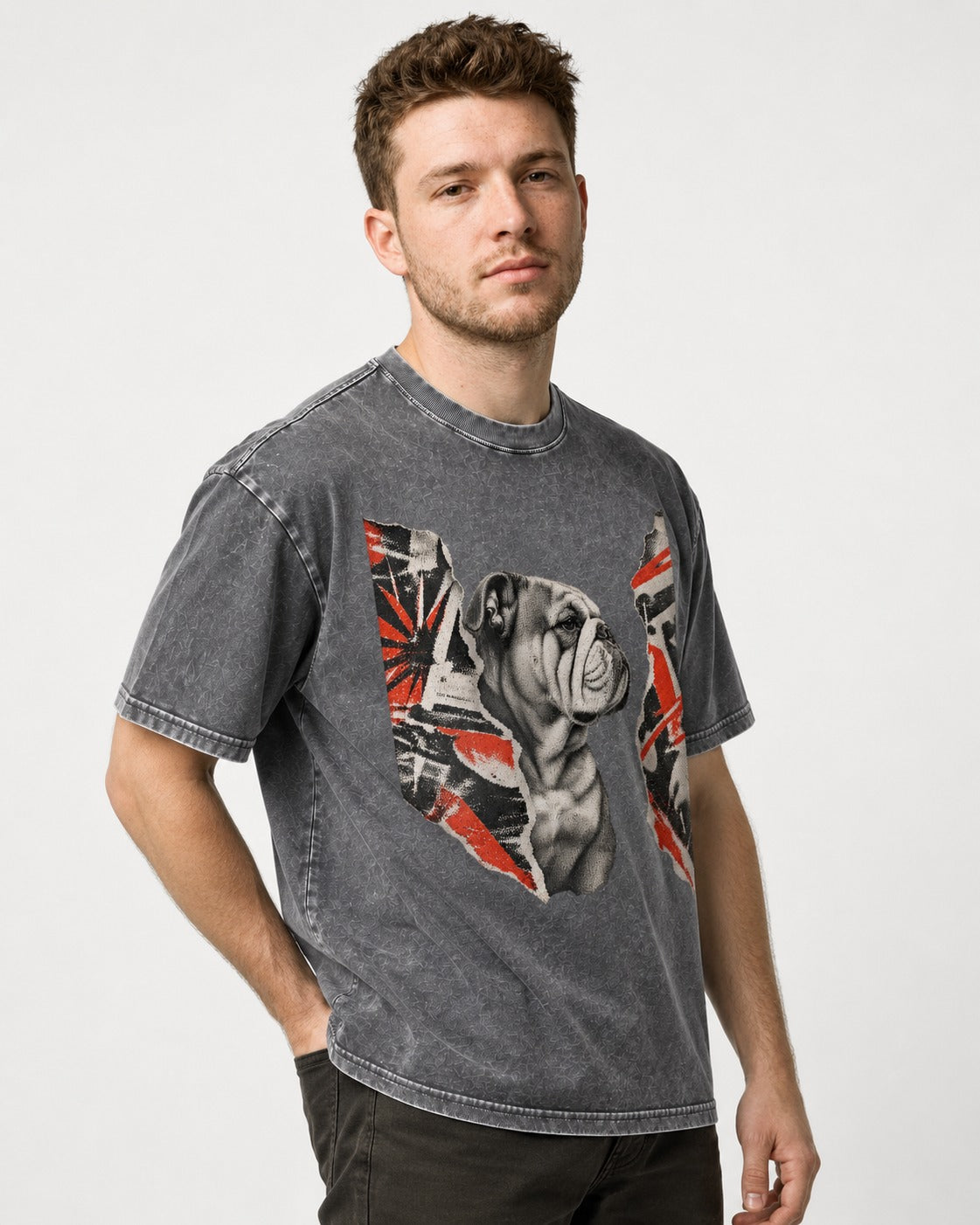 English Bulldog Unbowed Washed Tee in Gray, worn by a model
