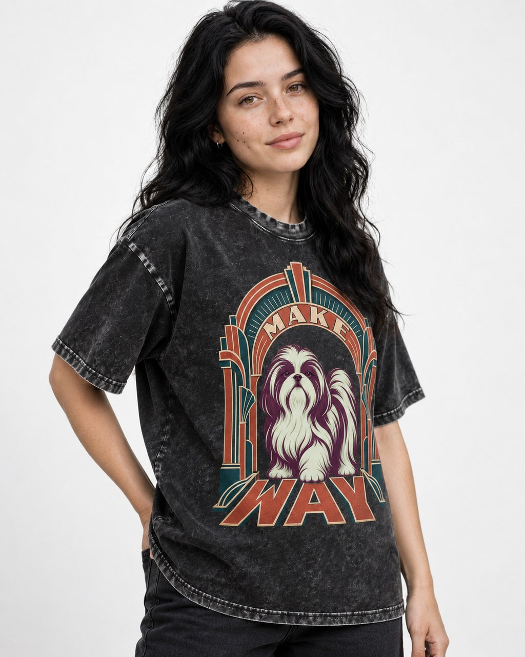 Shih Tzu Make Way Art Deco Arch Portrait Washed Tee in Black, worn by a model
