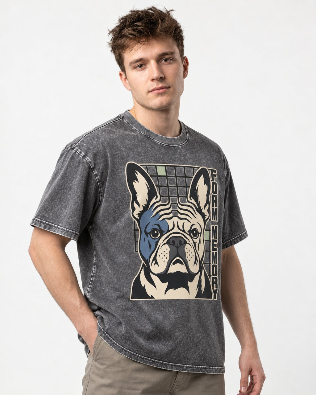 Form Memory Frenchie Washed Tee in Gray, worn by a model