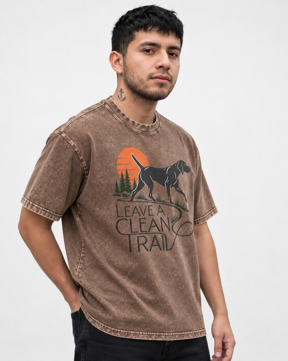 Leave a Clean Trail German Shorthaired Pointer Washed Tee in Coffee, worn by a model