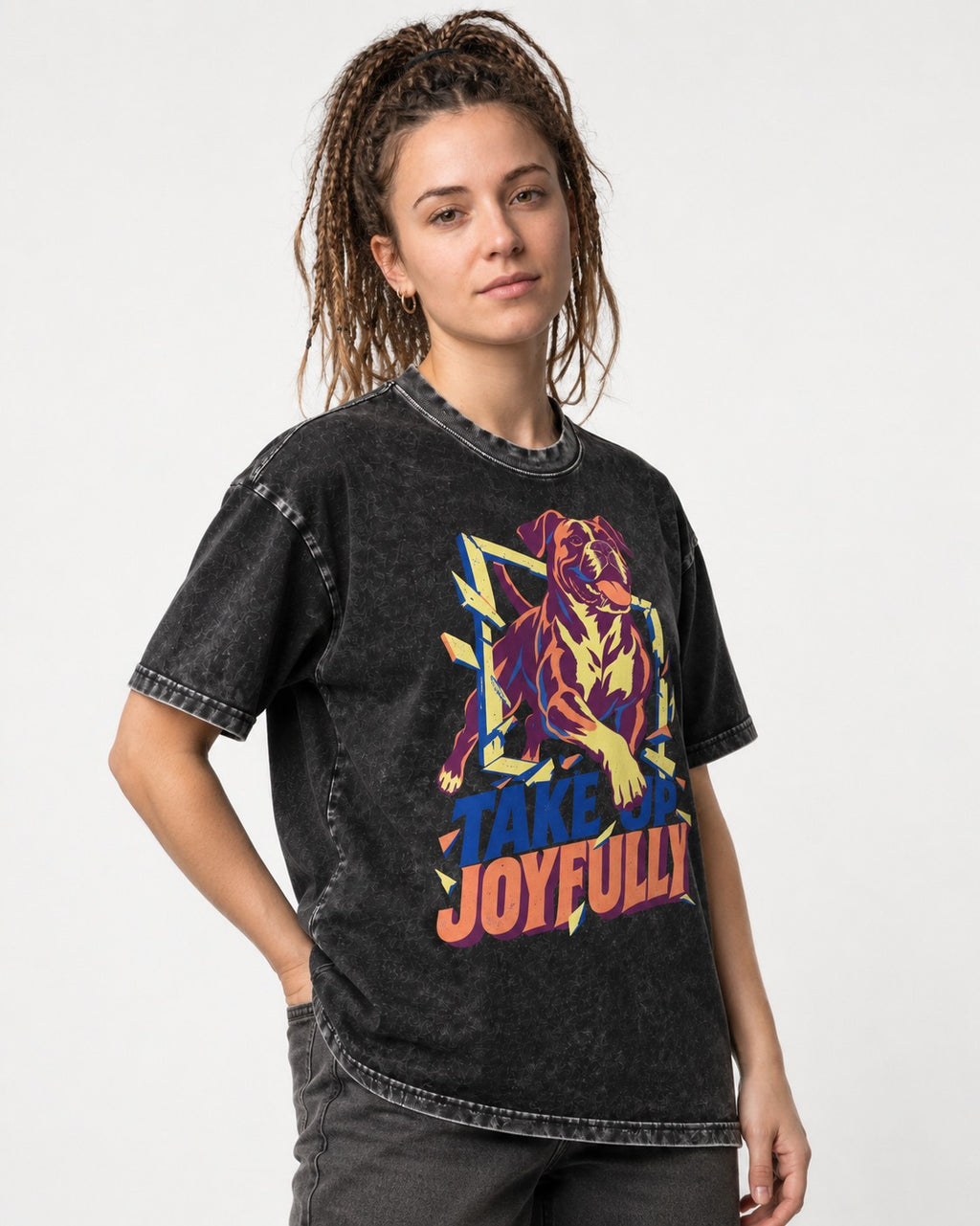 Take Up Joyfully Boxer Breakthrough Graphic Washed Tee in Black, worn by a model