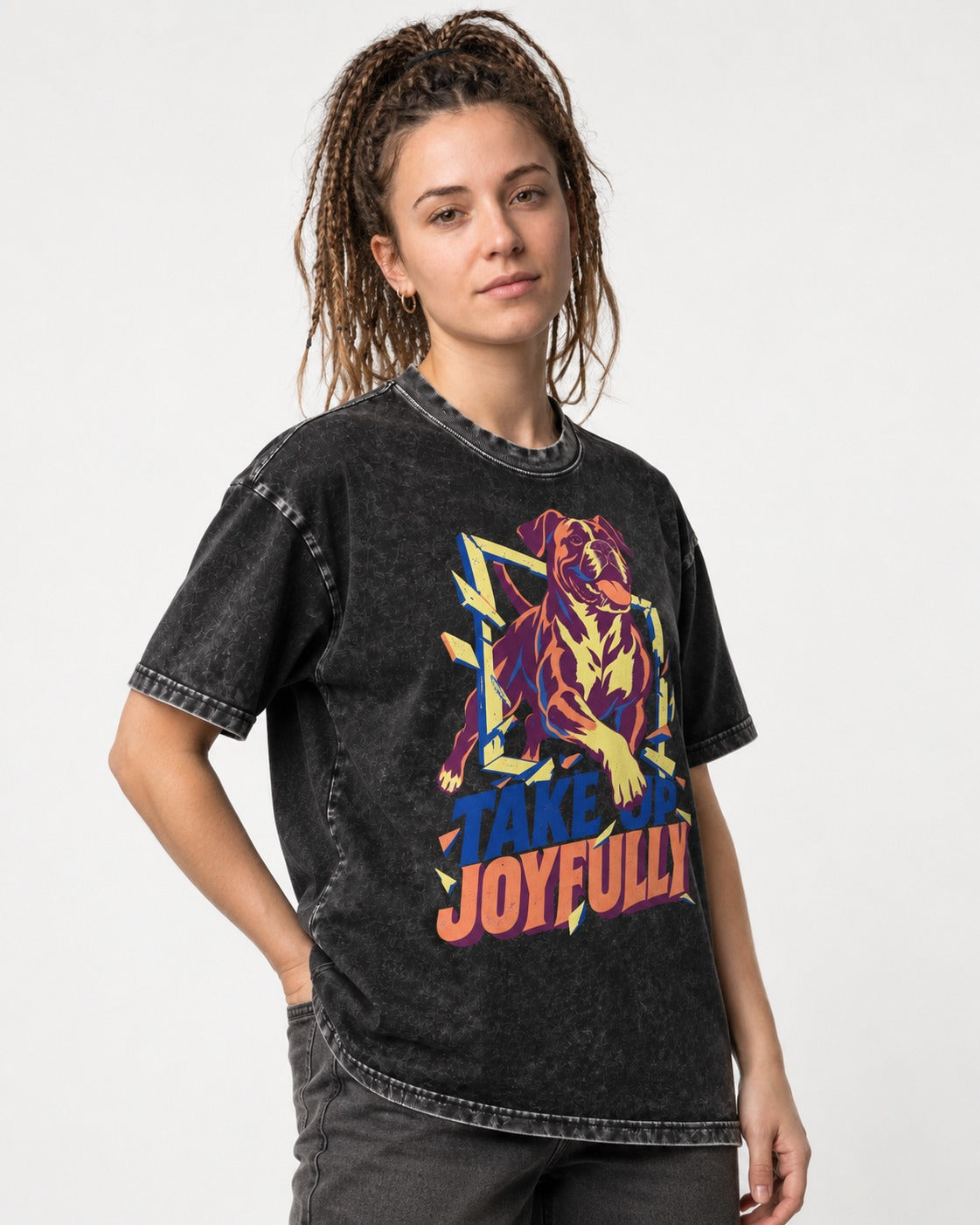 Take Up Joyfully Boxer Breakthrough Graphic Washed Tee in Black, worn by a model