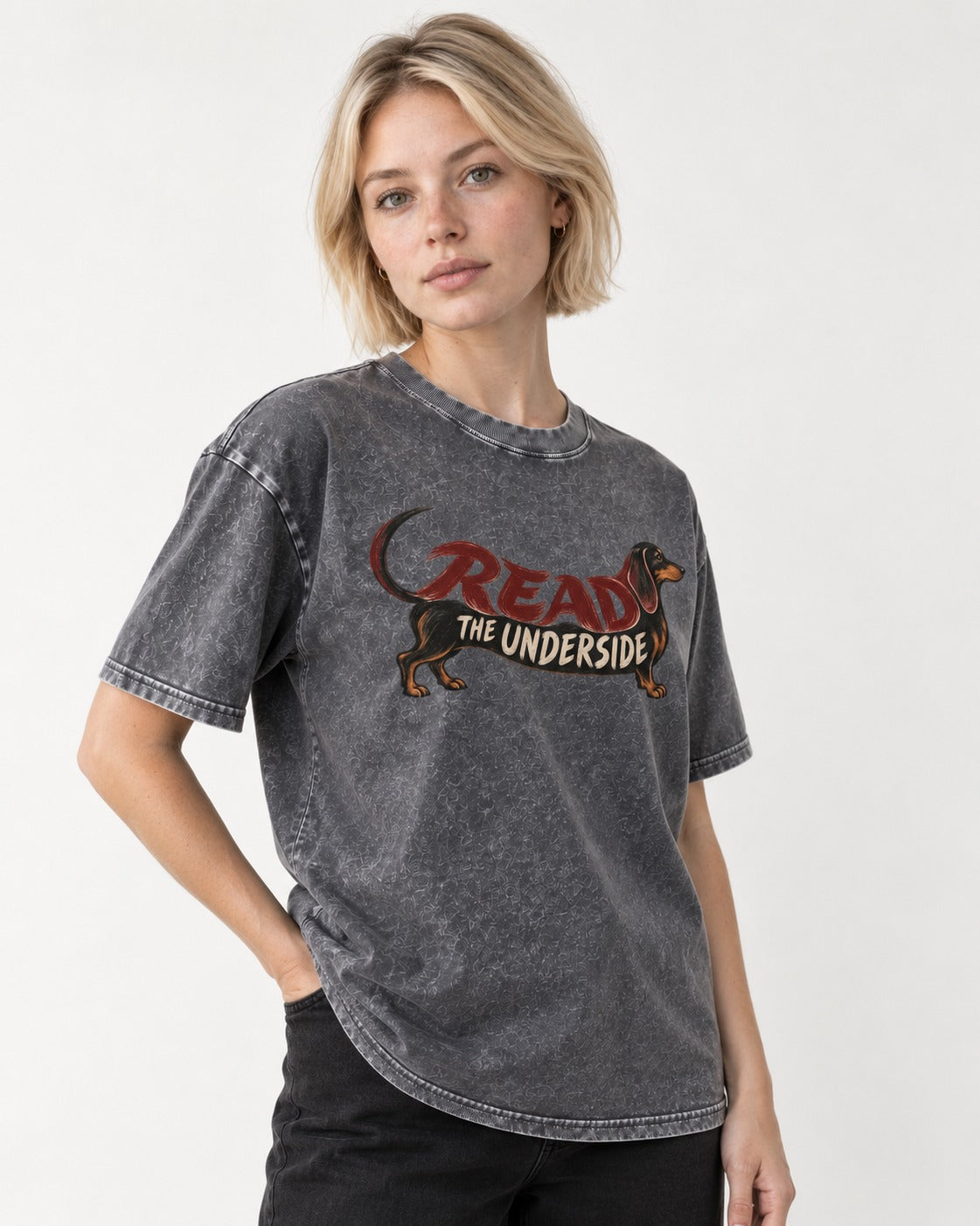 Dachshund Read The Underside Body Lettering Graphic Washed Tee in Gray, worn by a model