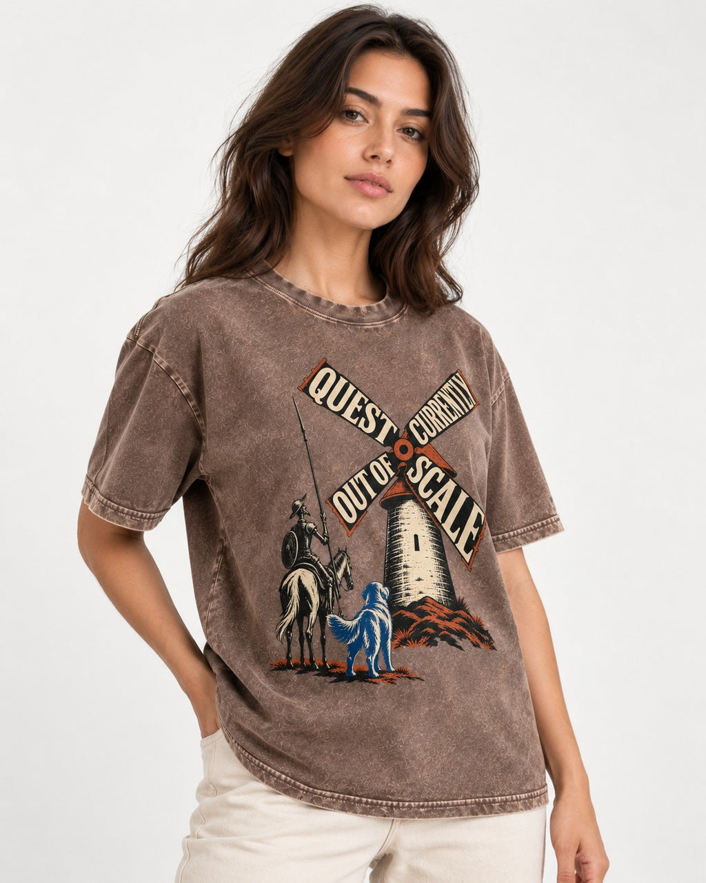 Golden Retriever Quest Out of Scale Washed Tee in Coffee, worn by a model