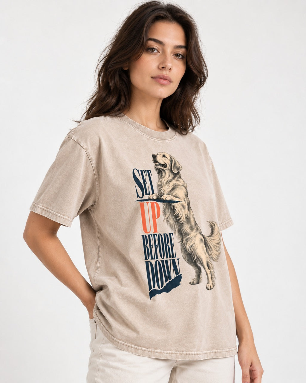 Golden Retriever Set Up Before Down Washed Tee in Apricot, worn by a model