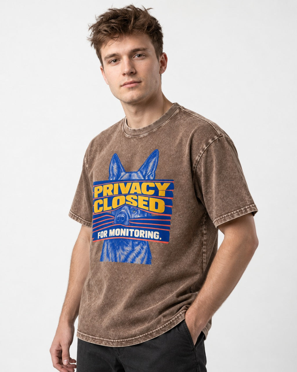 German Shepherd Dog Privacy Closed for Monitoring Washed Tee in Coffee, worn by a model