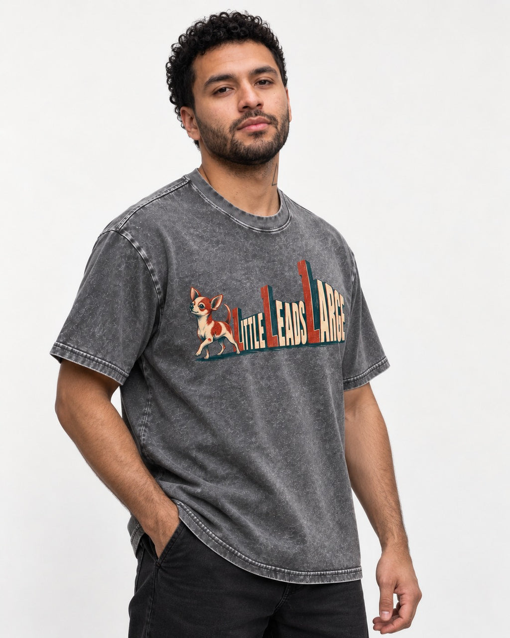 Chihuahua Little Leads Large Perspective Typography Washed Tee in Gray, worn by a model