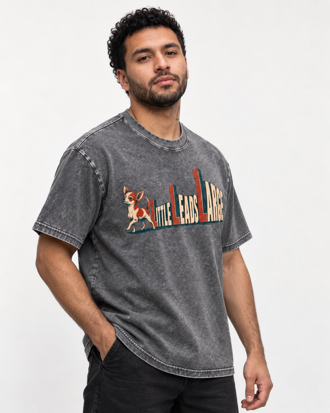 Chihuahua Little Leads Large Perspective Typography Washed Tee in Gray, worn by a model