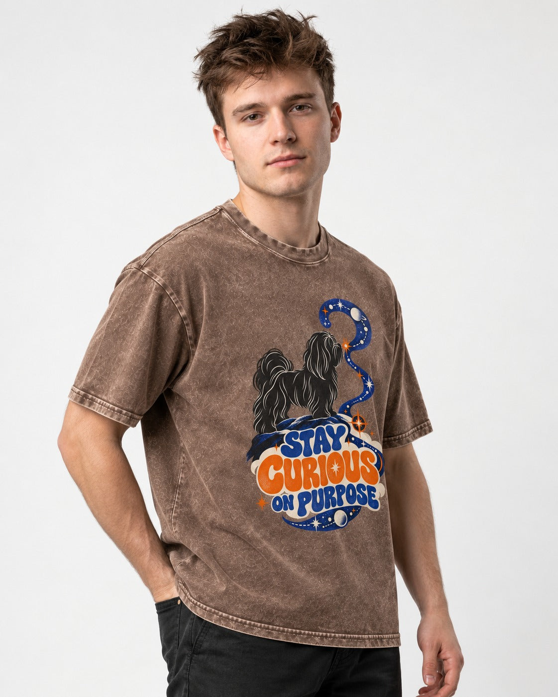 Stay Curious on Purpose Shih Tzu Washed Tee in Coffee, worn by a model