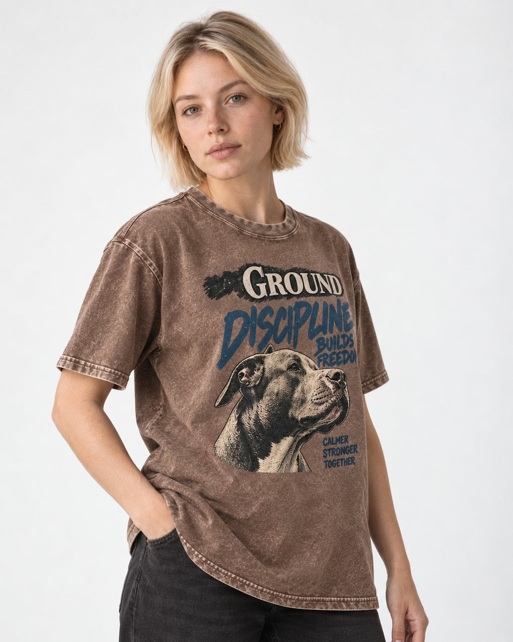 Pitbull Discipline Builds Freedom Washed Tee in Coffee, worn by a model