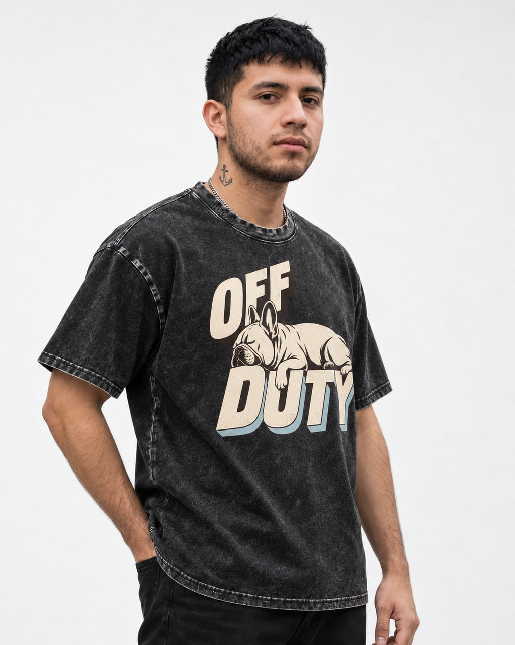 Frenchie Off Duty Sleeping Type Graphic Washed Tee in Black, worn by a model