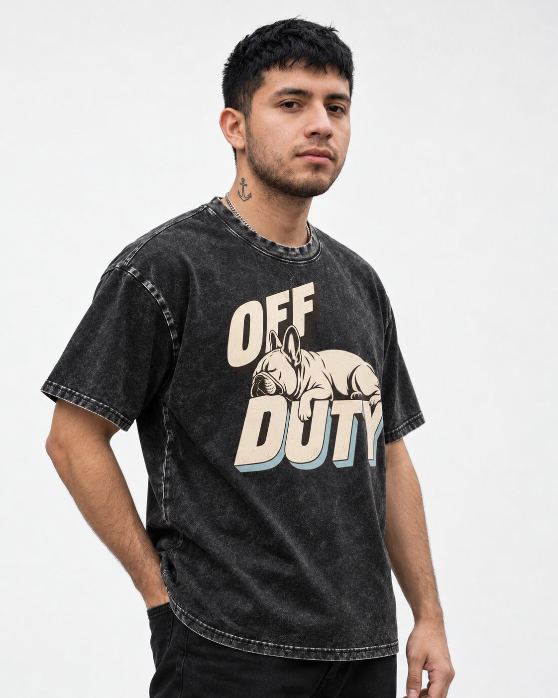 Frenchie Off Duty Sleeping Type Graphic Washed Tee in Black, worn by a model