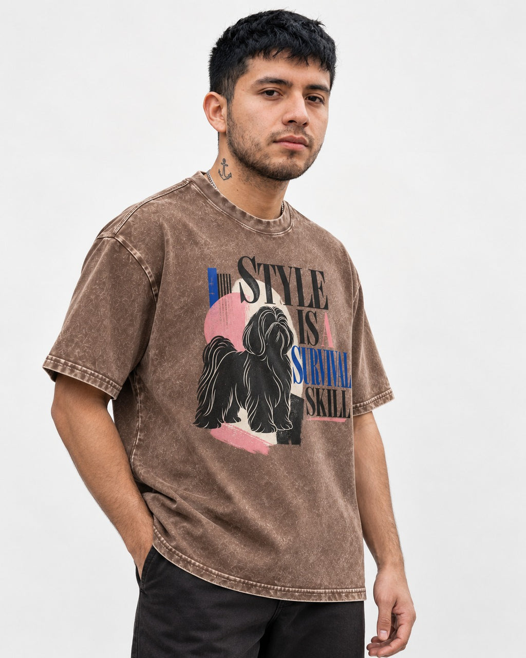 Shih Tzu Survival Skill Washed Tee in Coffee, worn by a model