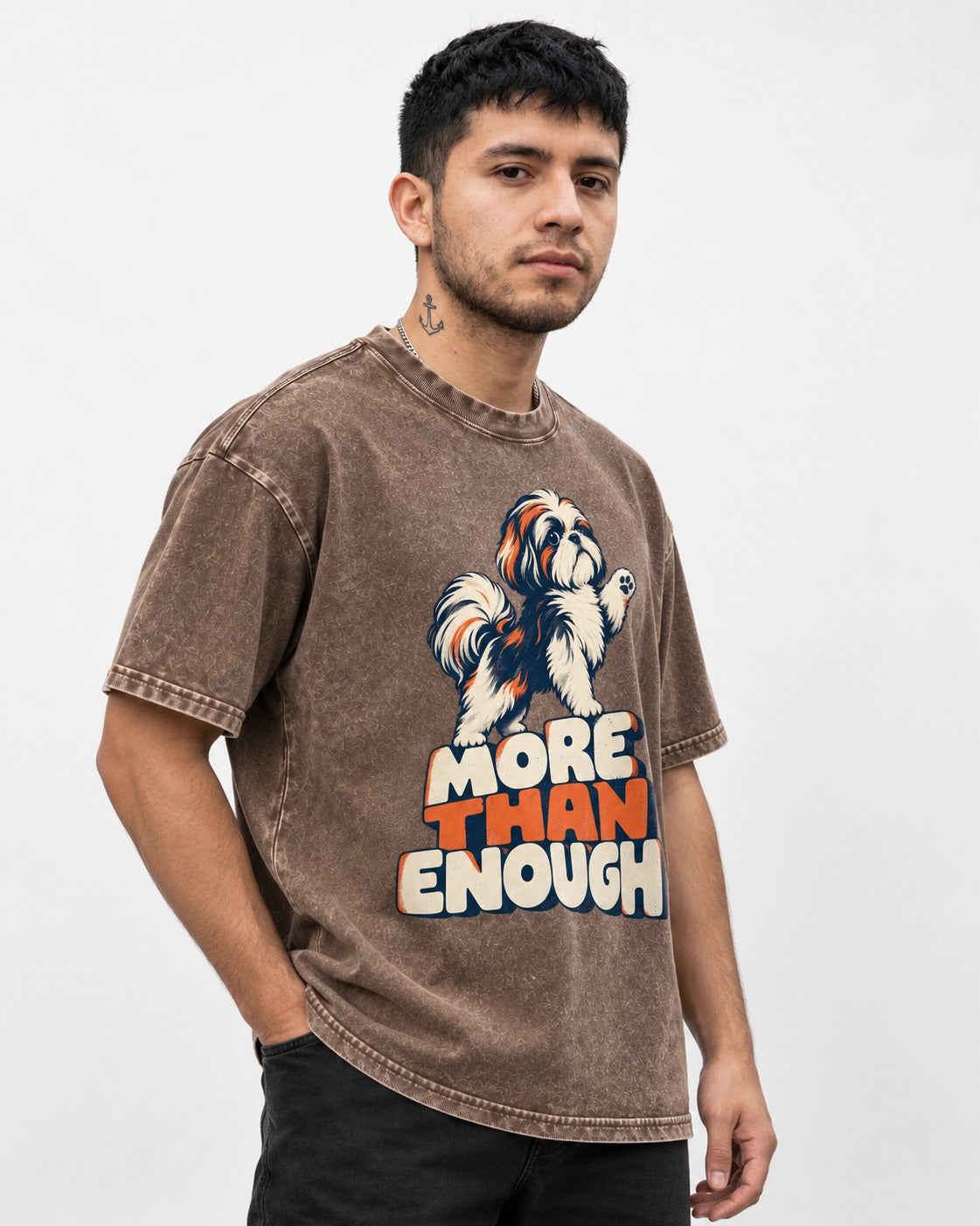 More Than Enough Shih Tzu Washed Tee in Coffee, worn by a model