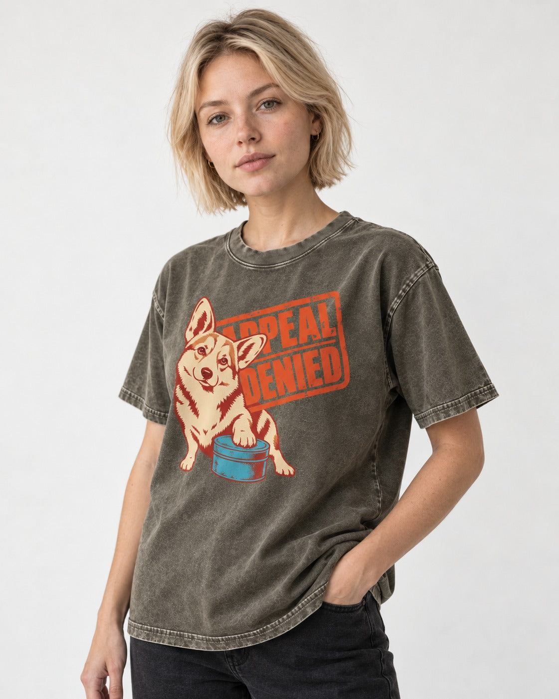 Corgi Appeal Denied Treat Tin Washed Tee in Army Green, worn by a model